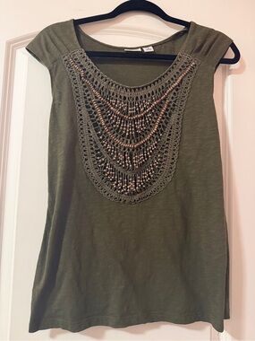 Cato Olive Crochet Bead Accent Women's Top